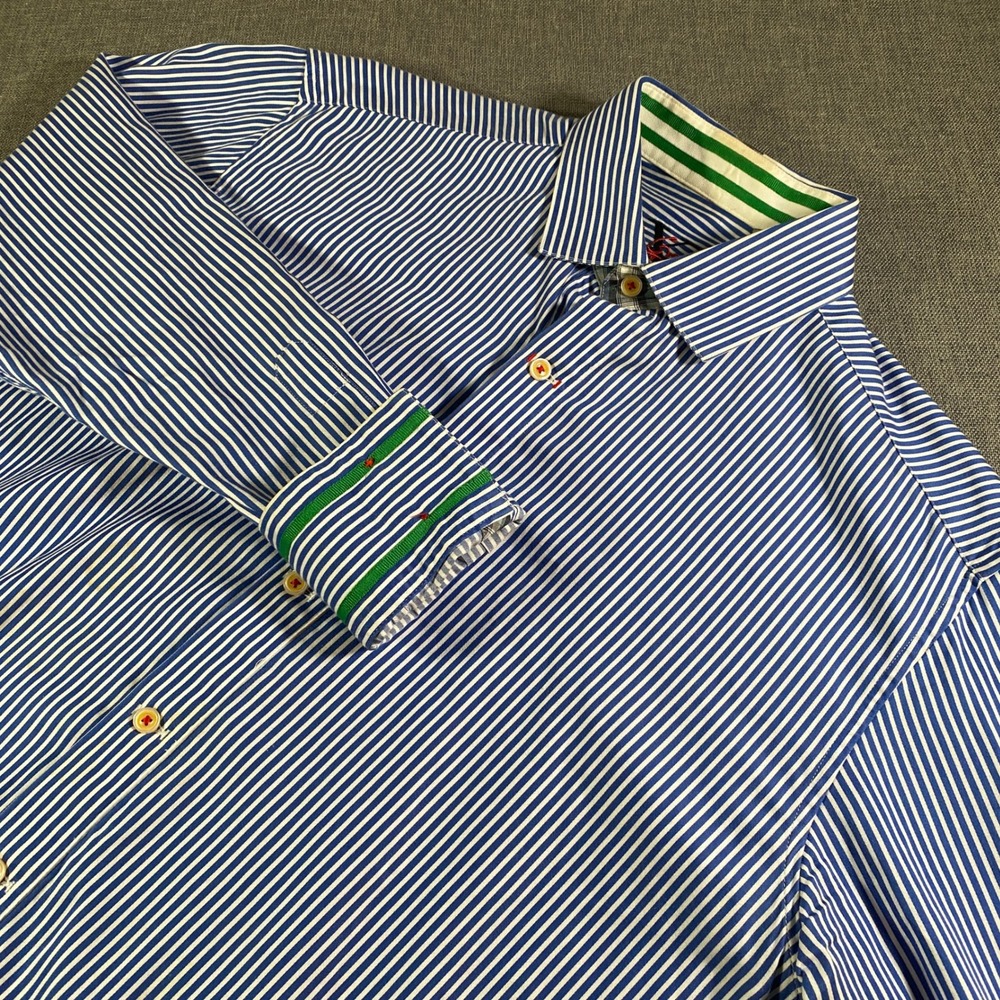Robert Graham Striped Dress Shirt Mens L Blue White Green Button Flip Cuff